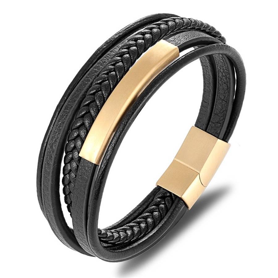 XQNI Classic Genuine Leather And Stainless Steel Bracelet For Men Men Men Bracelets 8d255f28538fbae46aeae7: Black|Gold|Steel