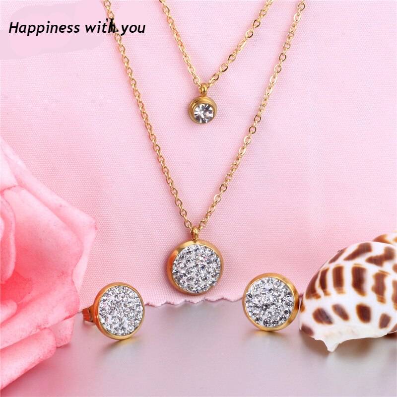 ANET -Stainless Steel Cubic Zirconia Layerred Necklace Set Jewellery Sets 8d255f28538fbae46aeae7: Gold|Silver
