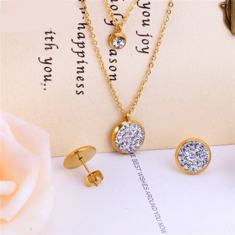 ANET -Stainless Steel Cubic Zirconia Layerred Necklace Set Jewellery Sets 8d255f28538fbae46aeae7: Gold|Silver