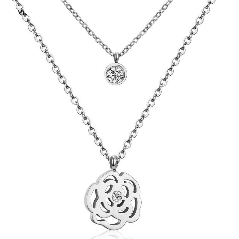 ZEE – Stainless Steel Layered Flower Pendant Necklace Layered Necklace Necklaces 8d255f28538fbae46aeae7: Gold|Steel