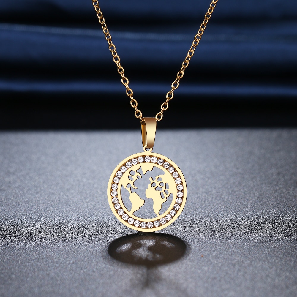 TULA – Stainless Steel World Map Crystal Necklace Necklaces Pendant Necklace 8d255f28538fbae46aeae7: Gold-color|silver color
