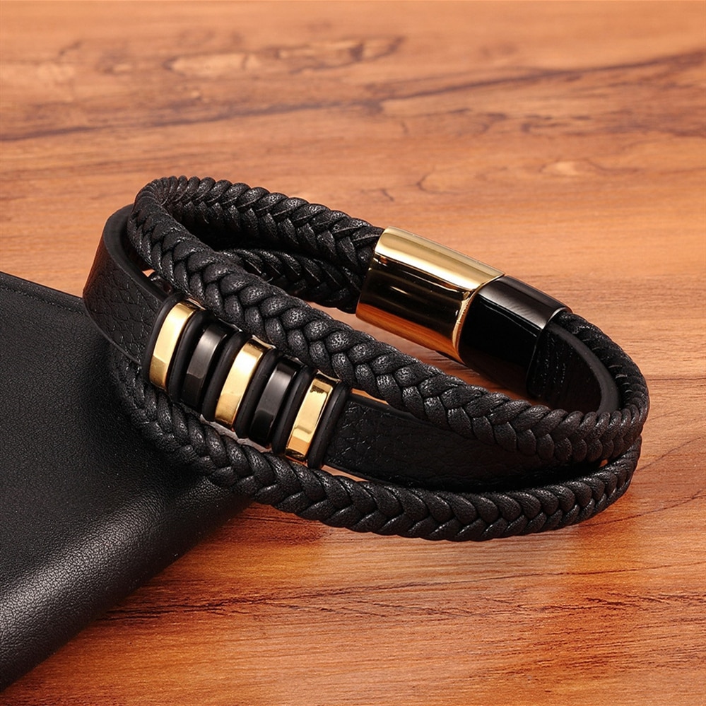 JAS – Genuine Leather and Stainless Steel Bracelet for Men Men Men Bracelets 8d255f28538fbae46aeae7: Black with Steel|Gold with Black|Gold with Steel|Steel
