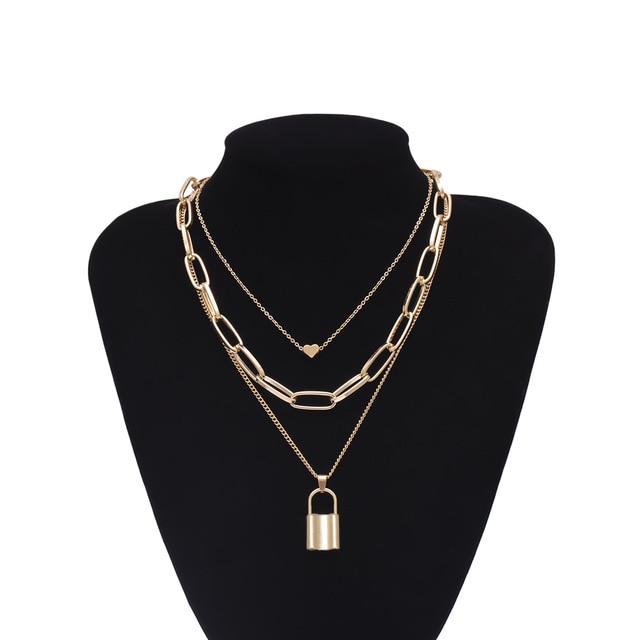 Multi-Layer Padlock Pendant Necklace Layered Necklace Necklaces Metal Color: Gold Color1