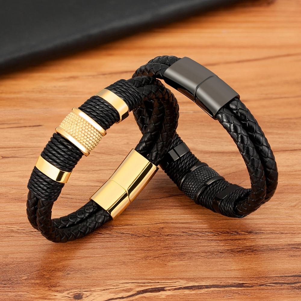 Woven Leather Rope Wrapping Special Style Classic Stainless Steel Men's Leather Bracelet Double-layer Design DIY Customization Uncategorized 8d255f28538fbae46aeae7: Black|Gold|Steel