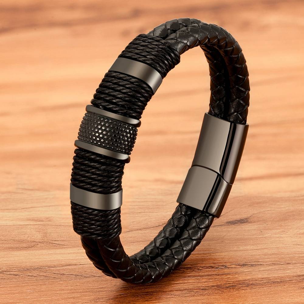 Woven Leather Rope Wrapping Special Style Classic Stainless Steel Men's Leather Bracelet Double-layer Design DIY Customization Uncategorized 8d255f28538fbae46aeae7: Black|Gold|Steel