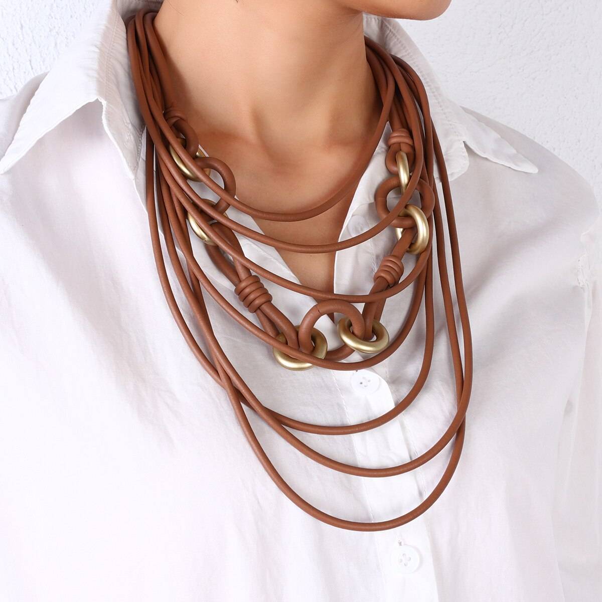 Amorcome Handmade Rubber on the Neck Long Necklace for Women Jewelry Punk Circle Sweater Chain Necklace Clothing Accessories Uncategorized 8d255f28538fbae46aeae7: Brown