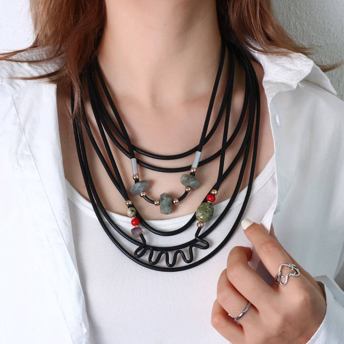 Amorcome Rubber Leather Necklace Ladies Gothic Sweater Chain Necklaces with Geometric Natural Stone Jewelry Collier Femme Uncategorized 8d255f28538fbae46aeae7: Black