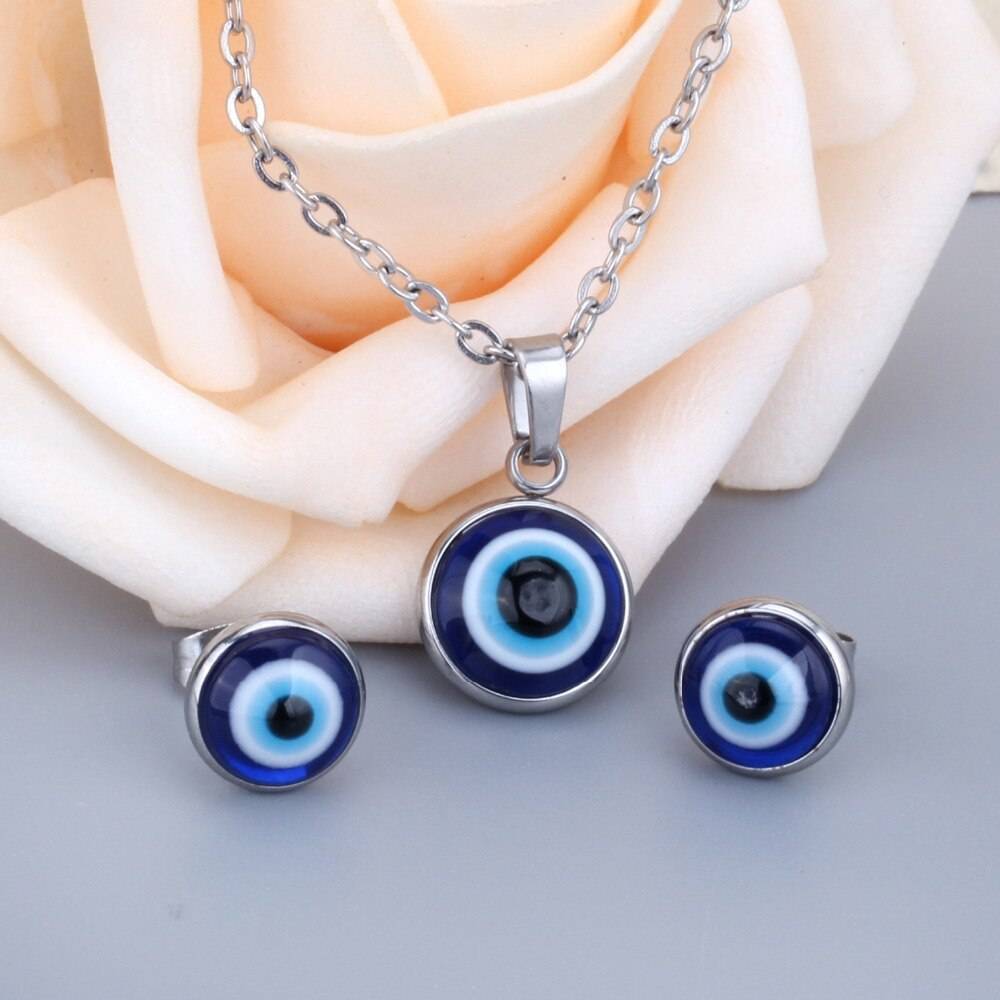 LUXUSTEEL Women Earring And Necklace Sets Stainless Steel Lucky Blue Eyes Pendant Necklace Earring Dubai Gold Jewellery Set Gift Jewellery Sets 8d255f28538fbae46aeae7: gold blue|gold red|silver blue|silver red