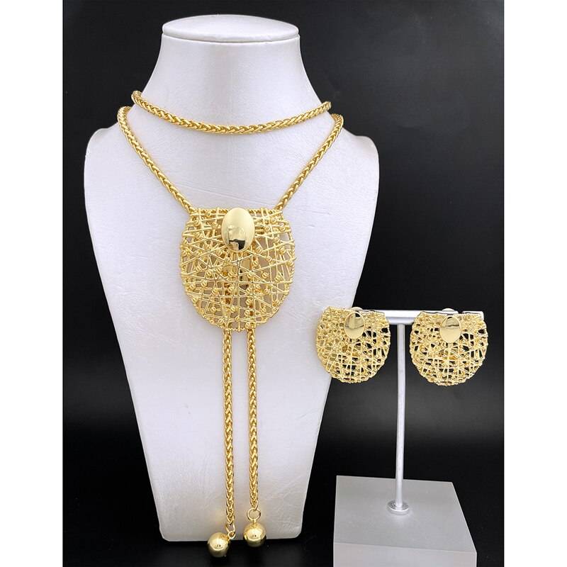 Dubai Gold Colored Jewelry For Women Adjustable Long Chain Necklace Color Hollow Out Big Pendant Earrings Set Wedding Party Gift Jewellery Sets 8d255f28538fbae46aeae7: 1|2