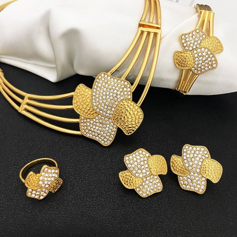 Gold Color Jewelry Set For Women Inlays White Rhinestone Necklace Earrings Bracelets Rings Set Wending Party Gift Jewellery Sets 8d255f28538fbae46aeae7: 1|2|3