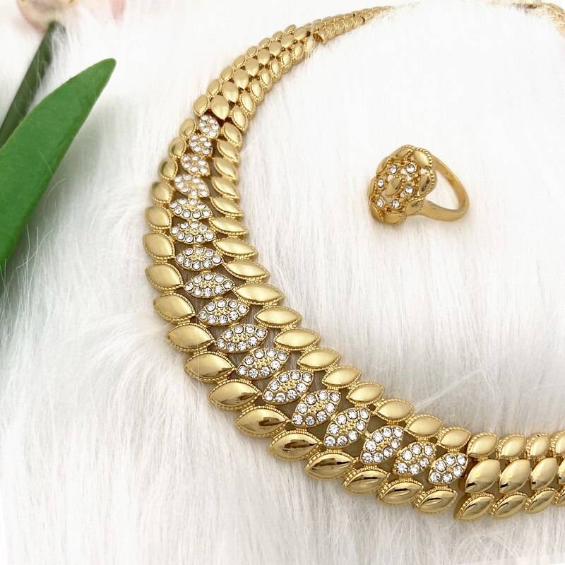 New Design Brazil Gold Color Jewelry For Women Dubai Fashion Necklace Earrings Ring Bracelet Set Bride Wedding Party Gift Jewellery Sets 8d255f28538fbae46aeae7: 1|2|3