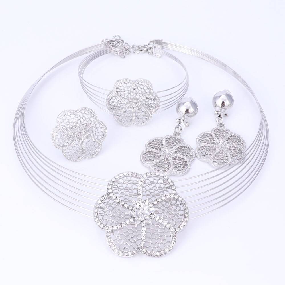 Vintage Rhinestone Flower Pendant Necklace Earrings Bracelet Ring Set Silver Plated African Bridal Wedding Costume Jewelry Sets Jewellery Sets 2ced06a52b7c24e002d45d: Resizable